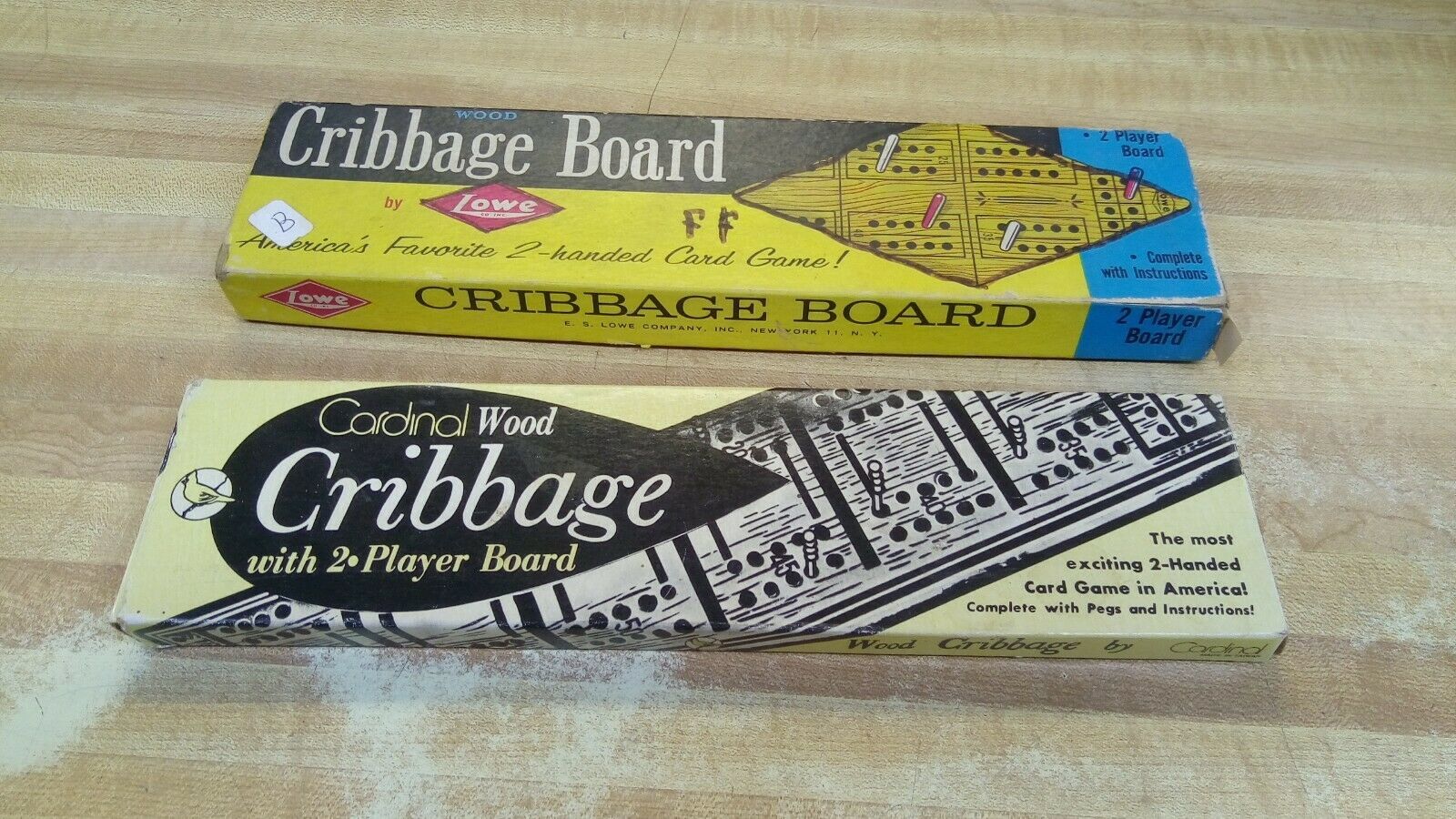  Lot of Two Cribbage Boards Vintage Wood Box Lowe Cardinal  - $19.87