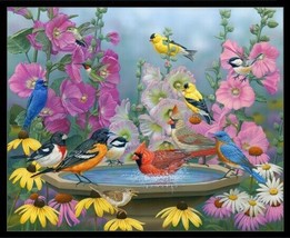 36&quot; X 44&quot; Panel Birdbath Gathering Birds Animals Garden Fabric Panel D473.41 - £23.97 GBP