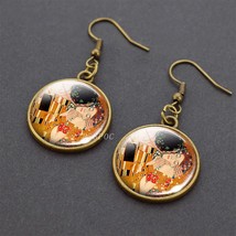 Gustav Klimt The Kiss Art Glass Cabochon Circle Dangle Earrings Copper Drop Eari - £6.58 GBP