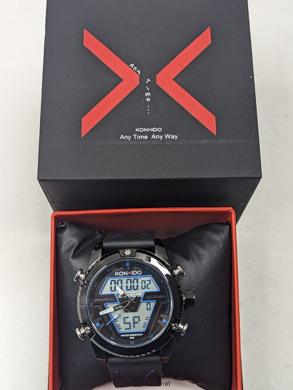 Primary image for KONXIDO Mens Black Blue Leather Band Analog Quartz Watch with Digital KO6368