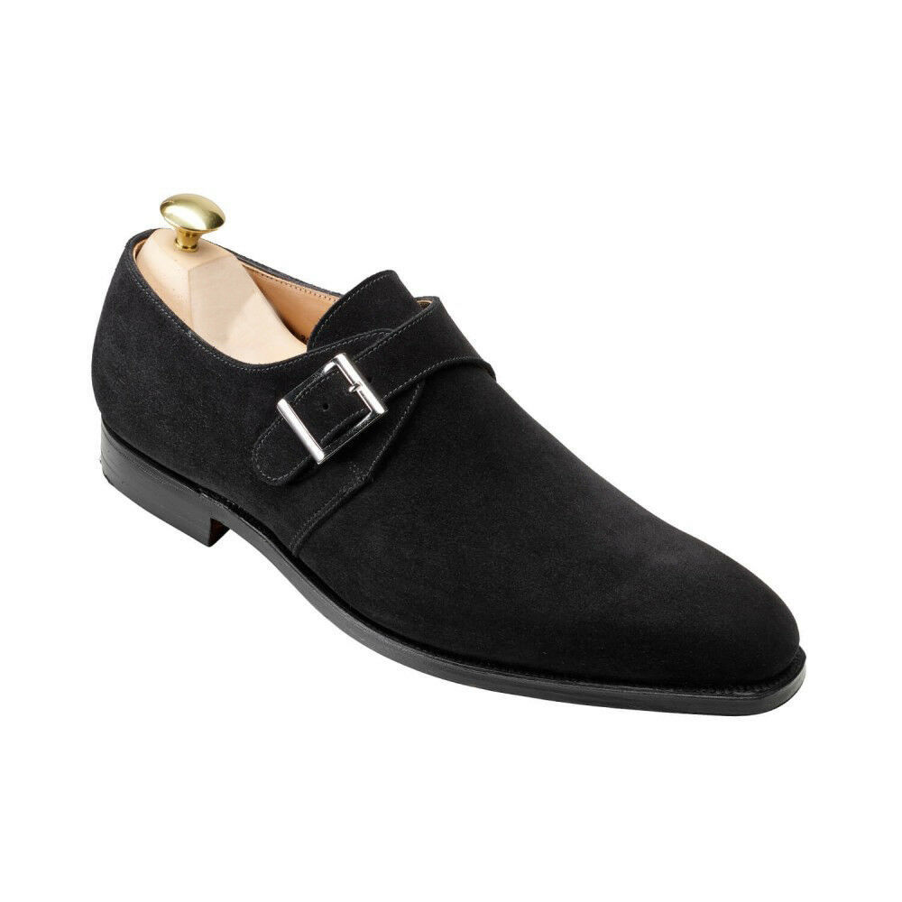 Men Black Monk Single Buckle Strap Plain Rounded Toe Suede Leather Shoes US 7-16