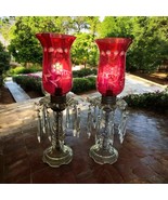 2 Vintage 14” Table Boudoir Lamp ~ Cranberry Etched Hurricane Shade w/ 8... - $5,276.54 CAD