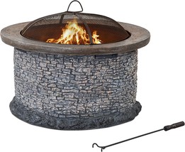 Sunjoy Bianca Stone 32 in. Round Wood Burning Firepit, Brown and Gray - £357.23 GBP