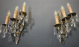 VINTAGE Victorian 3 Arms Solid Brass Czech Crystal Pair of Appliques Sco... - £187.84 GBP