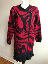 Chico&#39;s 1 (M 8) Red Black Agatha Abstract Intarsia Cardigan Coat Sweater Fringe - £30.62 GBP
