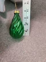 Glass Christmas Ornament Blown Green Ribbed Swirl Teardrop - £8.94 GBP