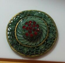 Vintage Teal Color Plastic &amp; Red Rhinestone Belt Buckle or Scarf Clip - $29.69
