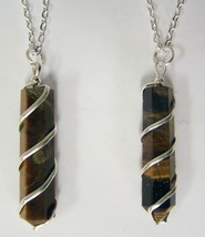 2 TIGER EYE COIL WRAPPED STONE 18 INCH SILVER LINK CHAIN NECKLACE rocks ... - $6.60