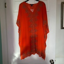 Roaman&#39;s Orange Beaded Caftan Top 2PC Set Plus 22/24 1X Sheer Tunic India - $38.00