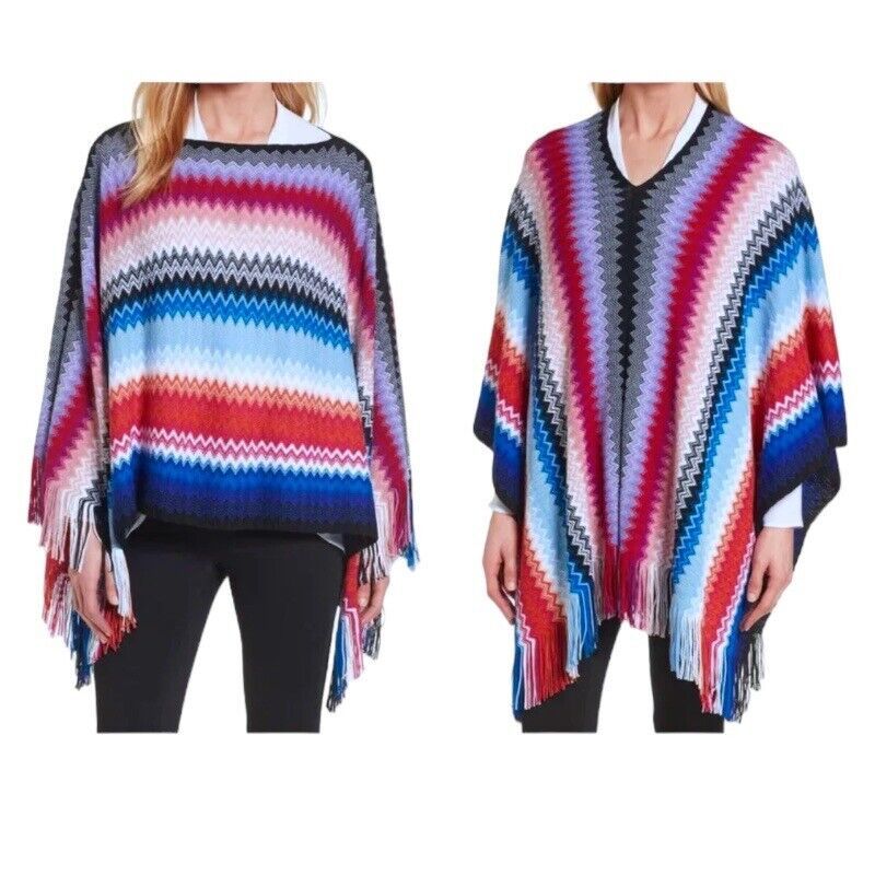 Primary image for $410 Missoni Striped Poncho Colorful Happy Fine Wool Blend Fringe Made Italy NWT