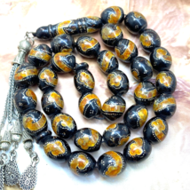 Antique big 33 Prayer Beads AMBER inlay Yemen Natural Black Coral Yusr ي... - £311.39 GBP
