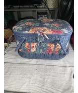 Vintage Wicker Sewing Box Blue Floral - $30.17 CAD