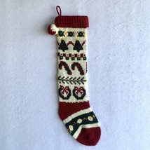 Knit Christmas Stocking Vintage Tree Candy Cane Wreath Red Green White Taiwan 24 - £15.75 GBP