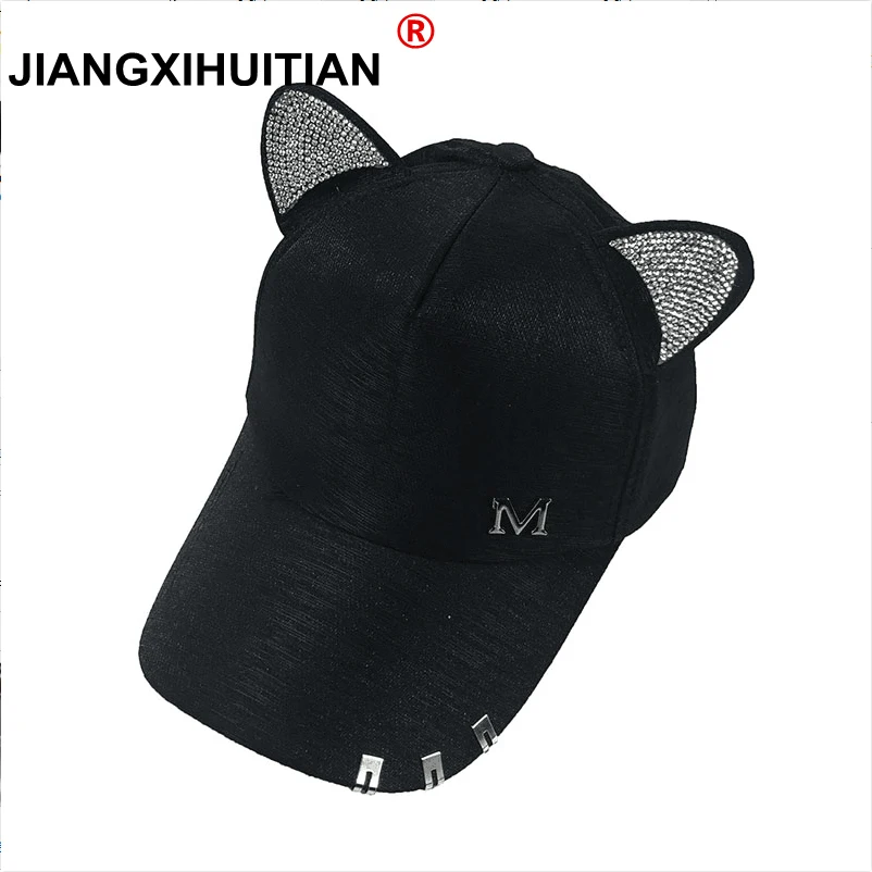 New meow women s summer fall black white pink hat cat ears cat baseball cap with thumb200
