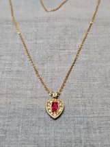 Vintage Gold Tone Ruby Replica Heart Necklace, 19&#39;&#39; Length - £7.46 GBP