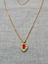 Vintage Gold Tone Ruby Replica Heart Necklace, 19&#39;&#39; Length - £7.49 GBP