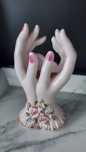 Vintage Hands Vase 1960s Lefton Double Hand Pink Applied 3D Roses Signed Porcela - £23.58 GBP