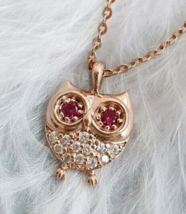 14K Yellow Gold Over 2.40Ct Round Simulated Pink Ruby Owl Beauty Pendant Women - £72.00 GBP