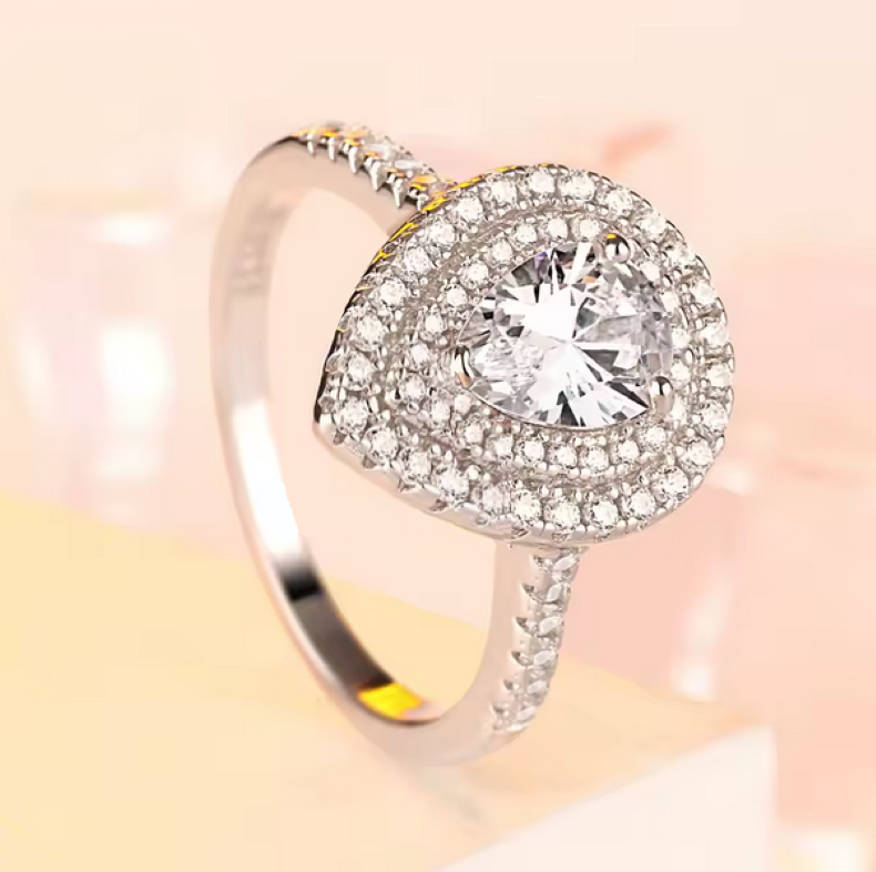 Platinum 925 Sterling Silver Pear Cut Double Waterdrop Luxury Ring