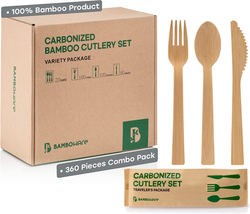 100% Bamboo Utensils - 360PCS Combo Pack Carbonized Disposable Cutlery B... - $68.49