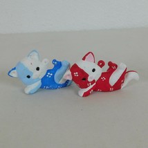 Playful Ceramic Kitty Cat Christmas Ornaments Hand Painted Mold Red Blue Quilt - £11.54 GBP