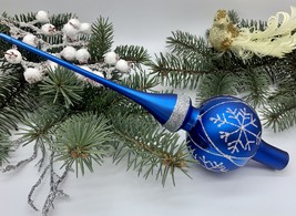 Blue matt Christmas glass tree topper with snowflakes, XMAS finial - $28.13