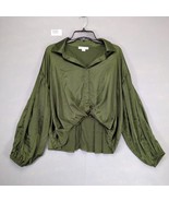 Hyfve Women&#39;s M Green Satin Oversized Front Cropped Blouse, Balloon Slee... - $27.16 CAD
