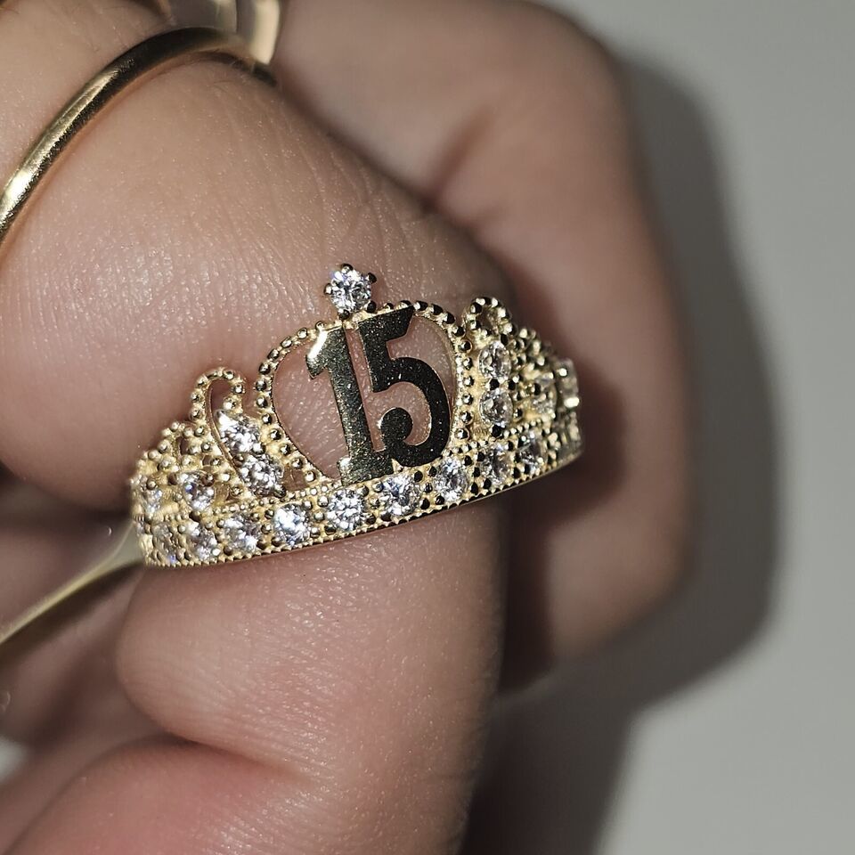 10k Solid Gold Cubic Zirconia Crown Quinceanera Ring 15 Anos Ring Anillo De 15 Item image 4