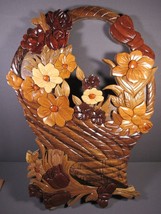 Intarsia Wood Inlay Carving Flower Arrangement 11&quot; x 15.5&quot; Glossy Hand Crafted - £35.88 GBP