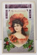 New Year Wishes Beautiful Lady Silvered Trim Purple Hollyberry 1908 Postcard D5 - £5.99 GBP