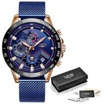 LIGE New Fashion Mens Watches with Stainless Steel Rose gold blue - £42.19 GBP