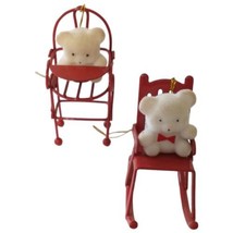 Avon Flocked Bear Ornaments Christmas On Metal Chair Red Rocking Vintage 80s - $18.79