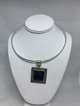 Silver Tone Collar Necklace With Green Square Pendant (1895) - $15.00