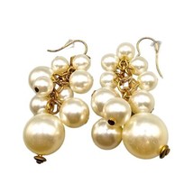 Beige Simulated Clustered Pearls Pierced Earrings Cha Cha Style Gold Tone Chain  - £6.53 GBP