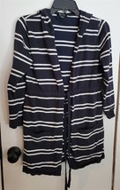 Womens M Sisters Navy Blue White Striped Knit Hooded Belted Cardigan Swe... - $18.81