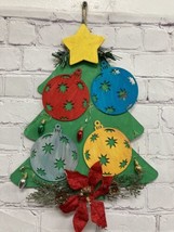 Green Christmas Tree painted ornaments sign Wall Door wood handmade hang 12x10 - £8.90 GBP