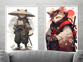 Samurai Cat illustration, Digital download set of 6 artworks, Wall Art P... - $7.00