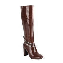 Winter Knee-high boots Square toe Chunky heels Patent leather Zipper Solid Chain - £93.11 GBP