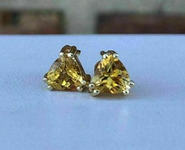 2Ct Simulated Trillion Cut Citrine Stud Earrings 14K Yellow Gold Plated Silver - £55.53 GBP