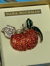 Dana Buchman Orange Rhinestone Halloween Harvest Pumpkin w Green Enamel Leaves - £17.46 GBP