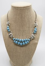 Vtg silver tone sky blue cabochons princess length necklace rhinestone accents - £19.61 GBP