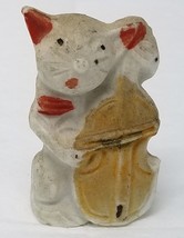 Figuring Cat Playing Bass Ceramic White Red Brown Japanese 1960s Small - $15.15