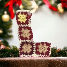 Handmade 13&quot; Crocheted Granny Square Christmas Stocking - Red, White and Yellow - £10.83 GBP
