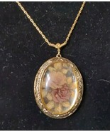 Vintage Rose Pink Purple Gold Tone Locket Pendant Necklace 1928 Jewelry - $618.67 MXN