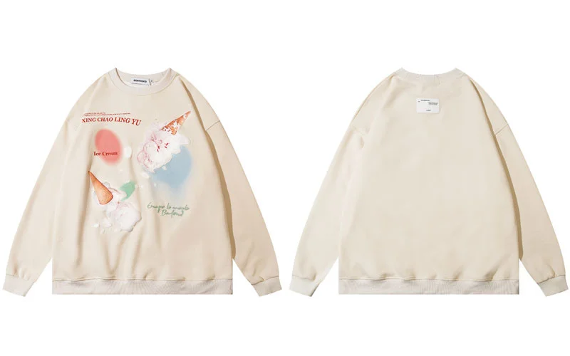 Men Harajuku Thin Hoodie Sweatshirt Hip Hop Ice Cream Print Crewneck Sweatshirt  - £123.26 GBP