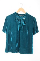 Sunday in Brooklyn XS Teal Blue Velvet Tie-Neck Short Sleeve Top Anthropologie - £21.30 GBP