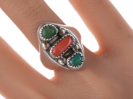 sz6.5 1940s-50&#39;s Navajo Sterling turquoise and coral ring - £119.20 GBP