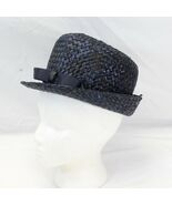 Women Navy Blue Weave Vintage Straw Hat Size 21&quot; Small w/Bow and Box - $539.82 MXN