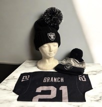 Lot Of Las Vegas Raiders NFL 2 Pom Knit Beanies + Cliff Branch 21 Towel - $28.21