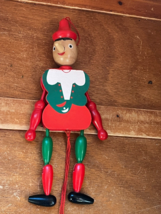 Large Painted Red &amp; Green Wood Pinocchio w Pull String to Move Limbs Chr... - £9.00 GBP